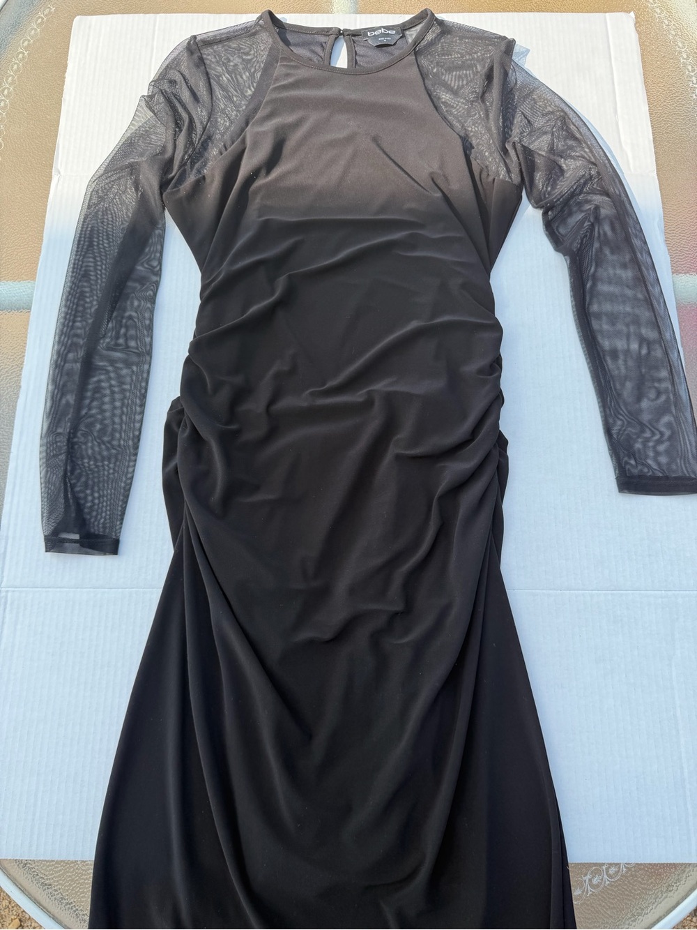 Bebe Black Mesh Long Sleeve Ruched Bodycon Dress